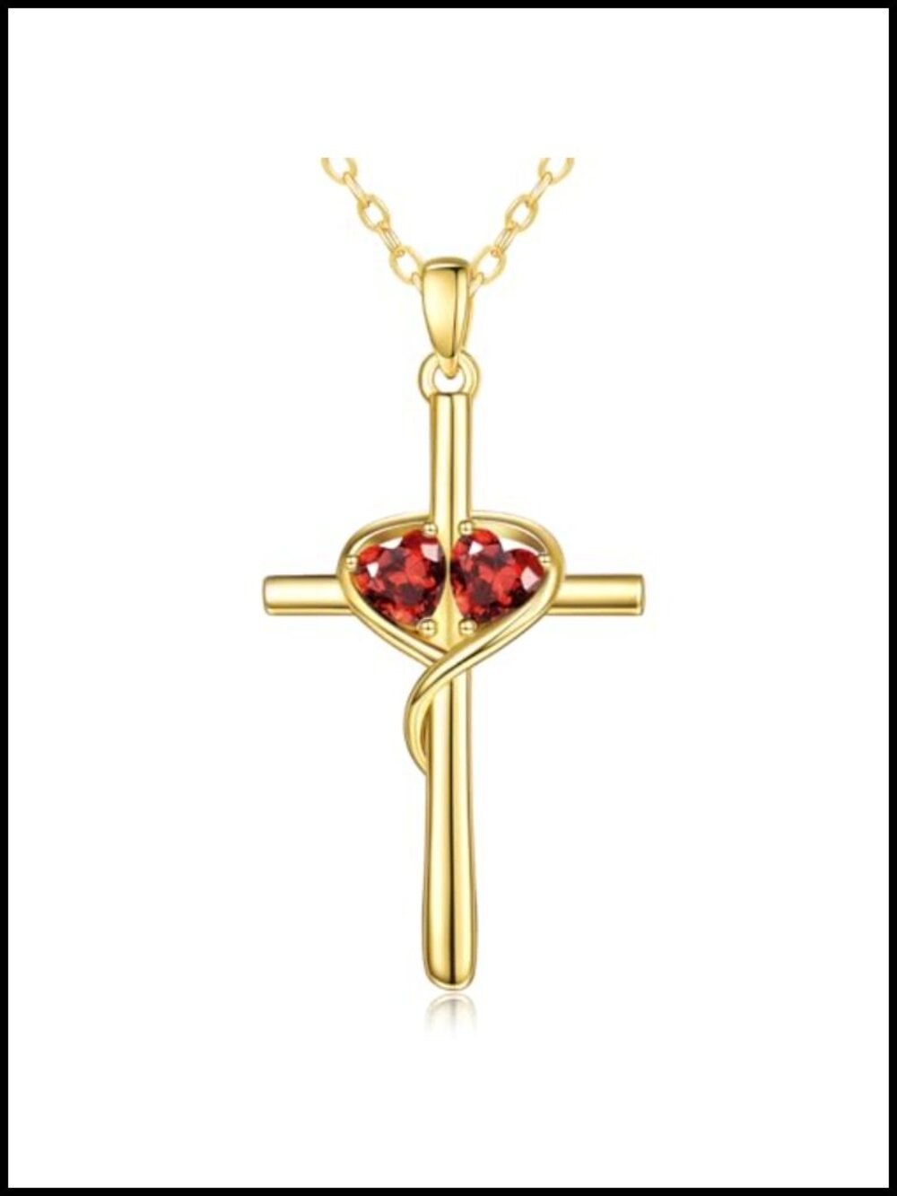 14K Gold Heart Cross Pendant Necklace Double Birthstone Gift